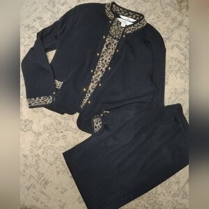 3 Piece Ming Wang Black Knit Pantsuit with Gold Leopard Trim